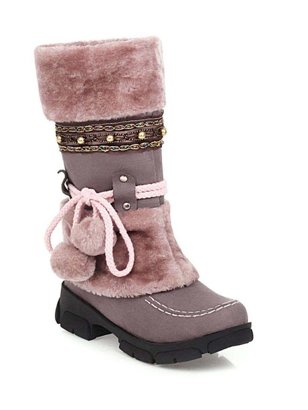 Women's Mid-Calf Slip On Winter Snow Boots, Classic Round Toe Suede Faux Fur